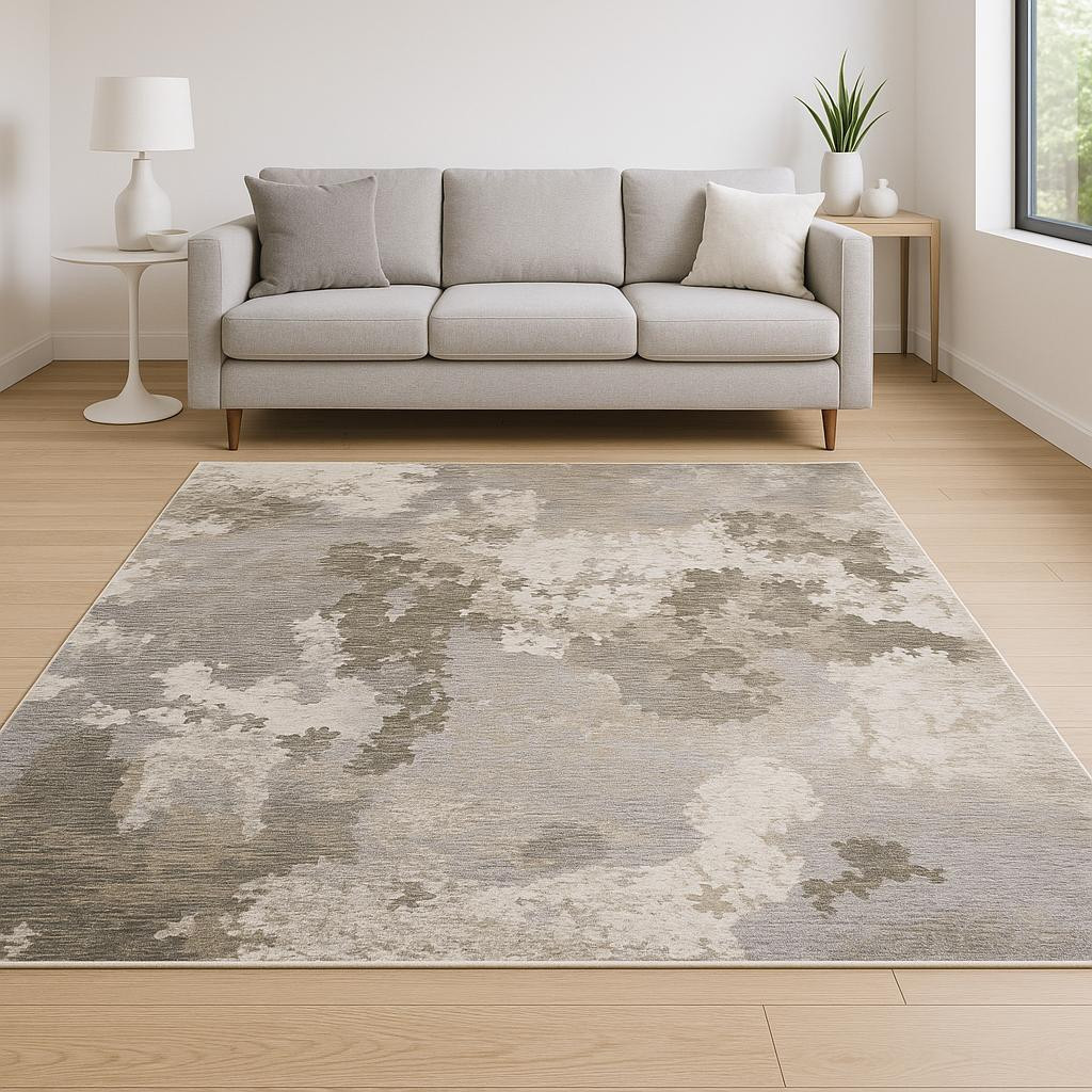 10' X 13' Grey Ivory Beige Tan Brown And Black Abstract Power Loom Stain Resistant Area Rug-509606-1