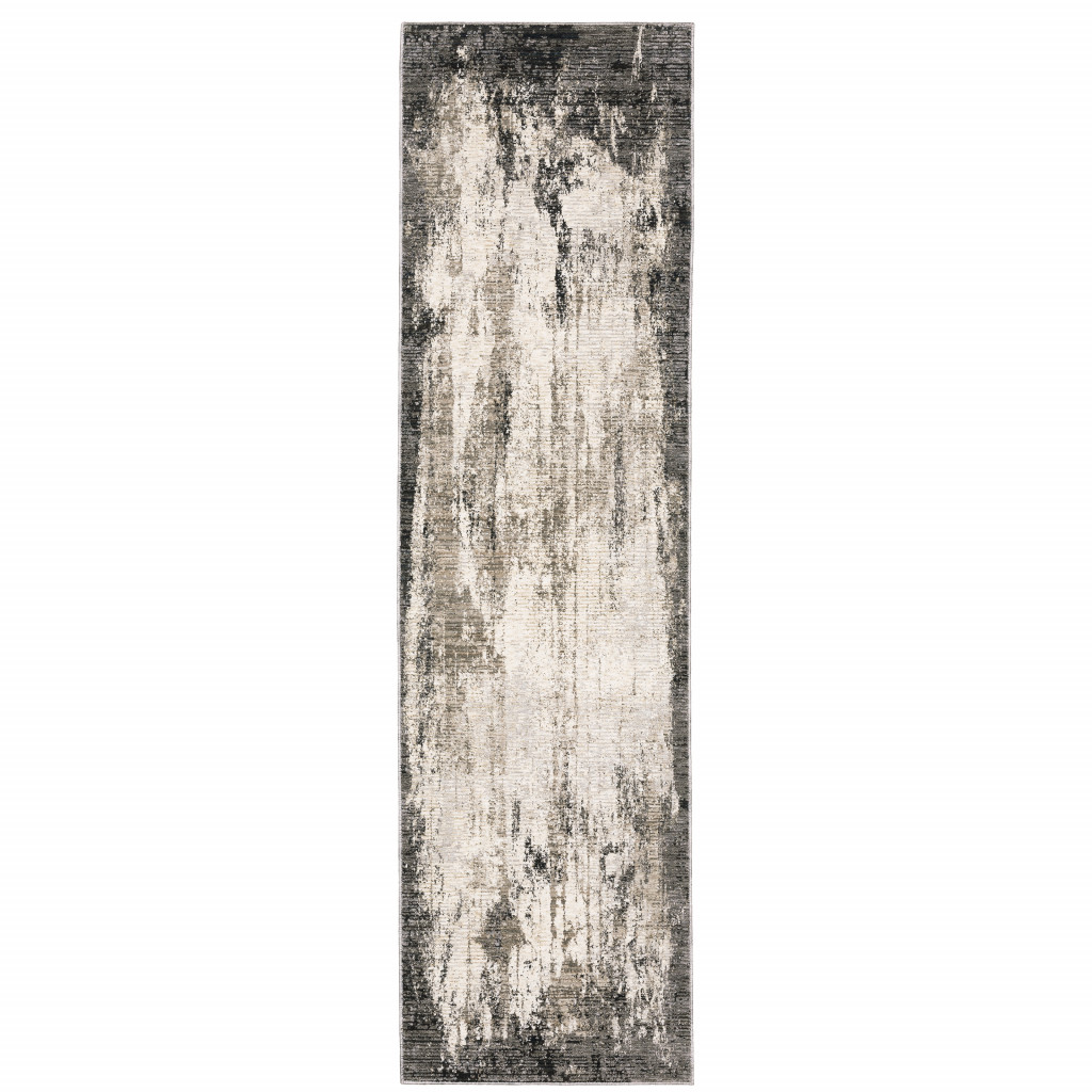 2" X 8" Grey Ivory Charcoal Tan Black And Beige Abstract Power Loom Stain Resistant Runner Rug