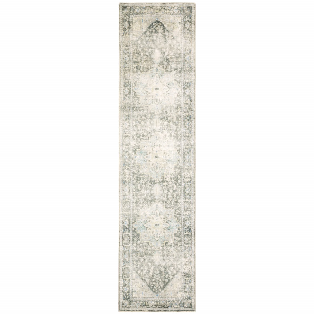 8" Gray and Ivory Oriental Power Loom Runner Rug