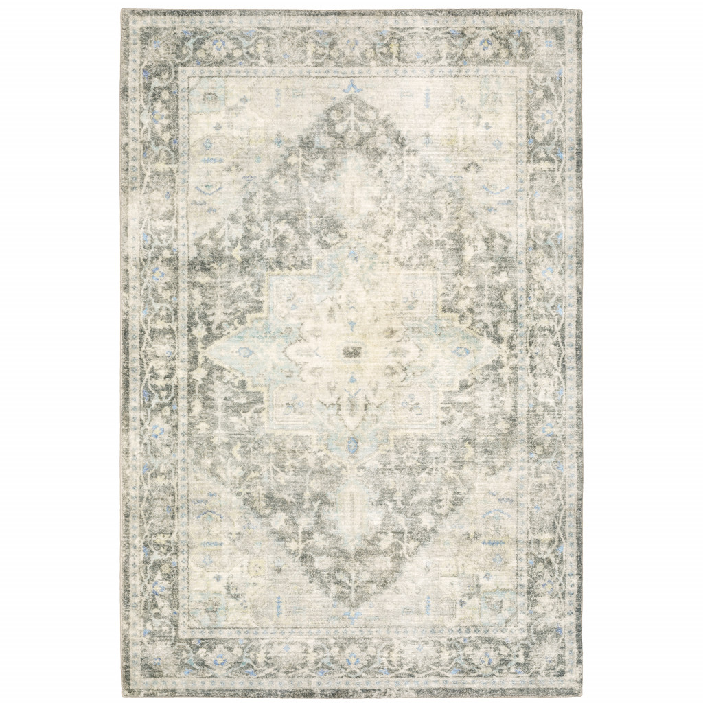 5" X 7" Grey Ivory And Blue Oriental Power Loom Stain Resistant Area Rug