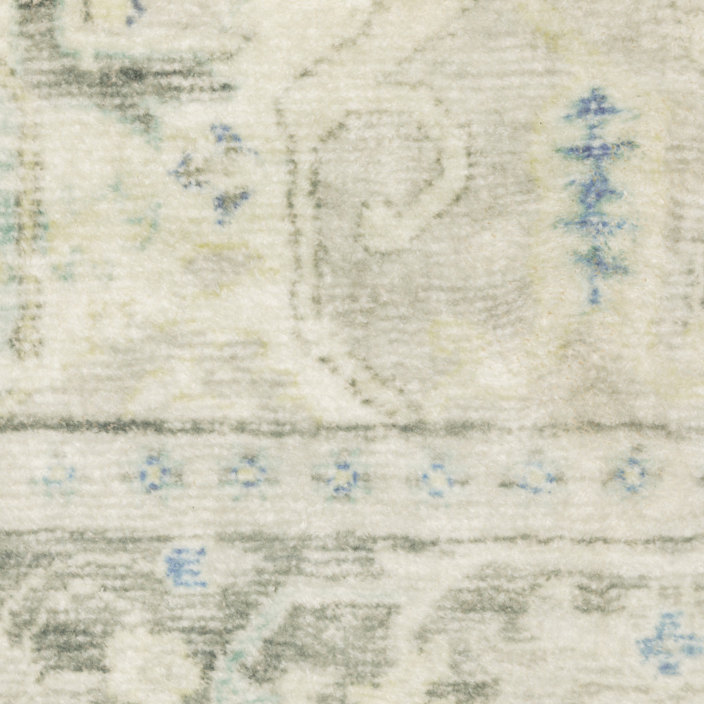 5" X 7" Grey Ivory And Blue Oriental Power Loom Stain Resistant Area Rug
