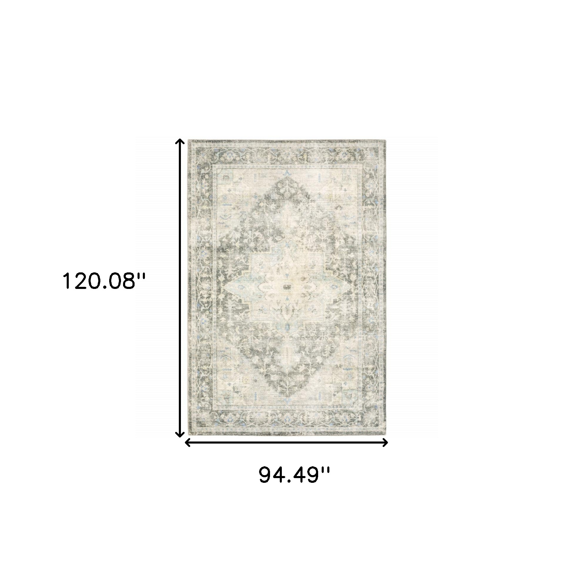 8" X 10" Grey Ivory And Blue Oriental Power Loom Stain Resistant Area Rug