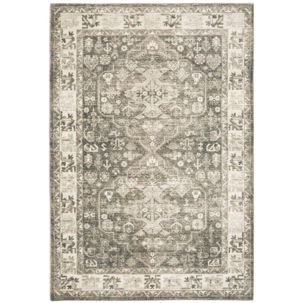 5" X 7" Grey Ivory Tan And Beige Oriental Power Loom Stain Resistant Area Rug