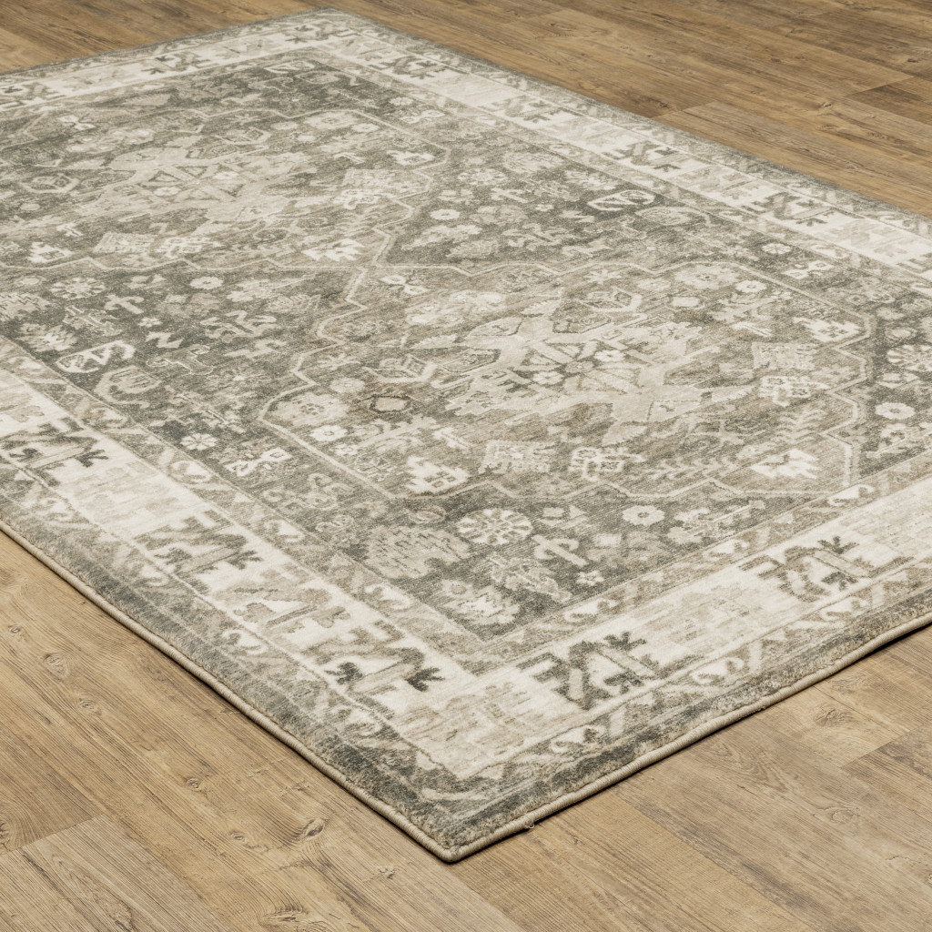 5" X 7" Grey Ivory Tan And Beige Oriental Power Loom Stain Resistant Area Rug