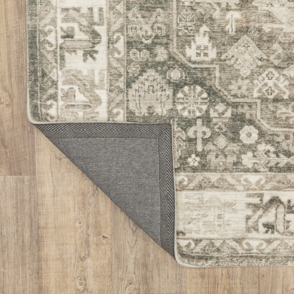 5" X 7" Grey Ivory Tan And Beige Oriental Power Loom Stain Resistant Area Rug