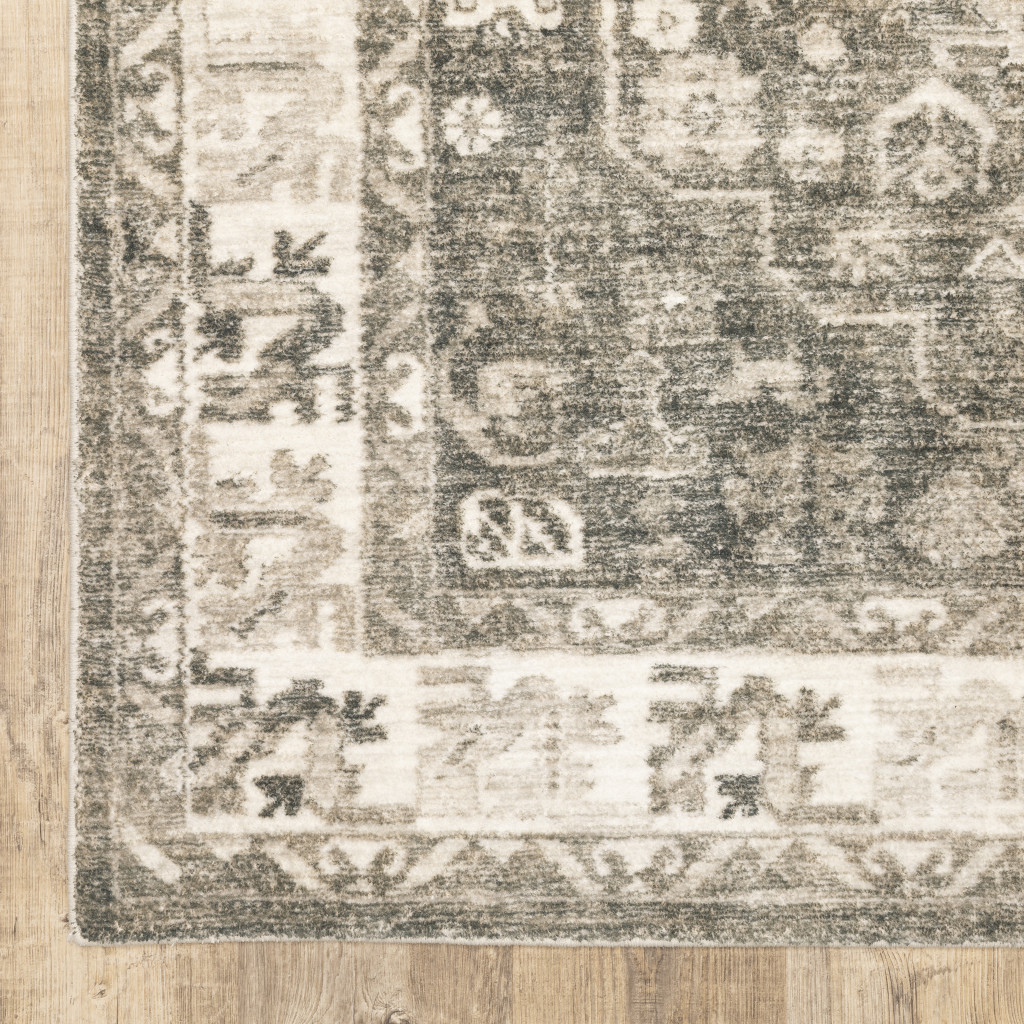5" X 7" Grey Ivory Tan And Beige Oriental Power Loom Stain Resistant Area Rug