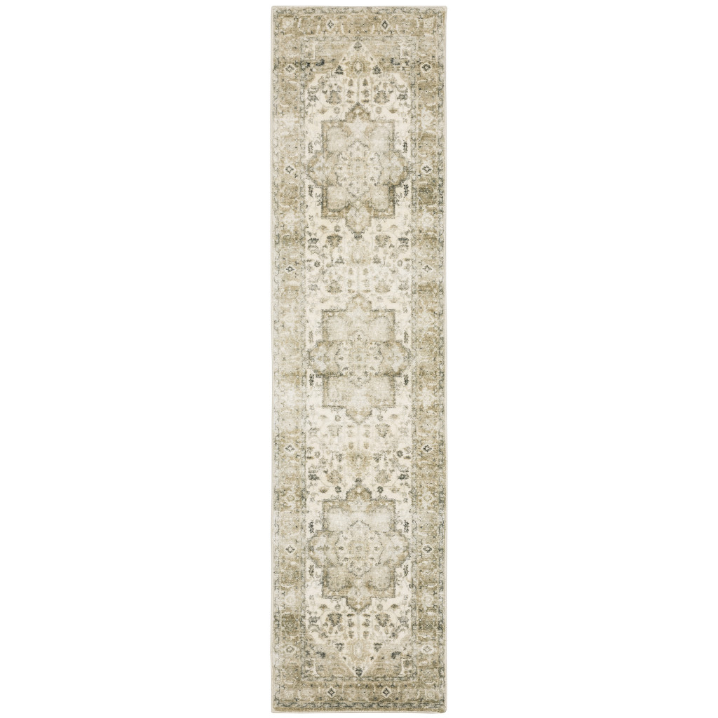 8" Tan and Ivory Oriental Power Loom Runner Rug