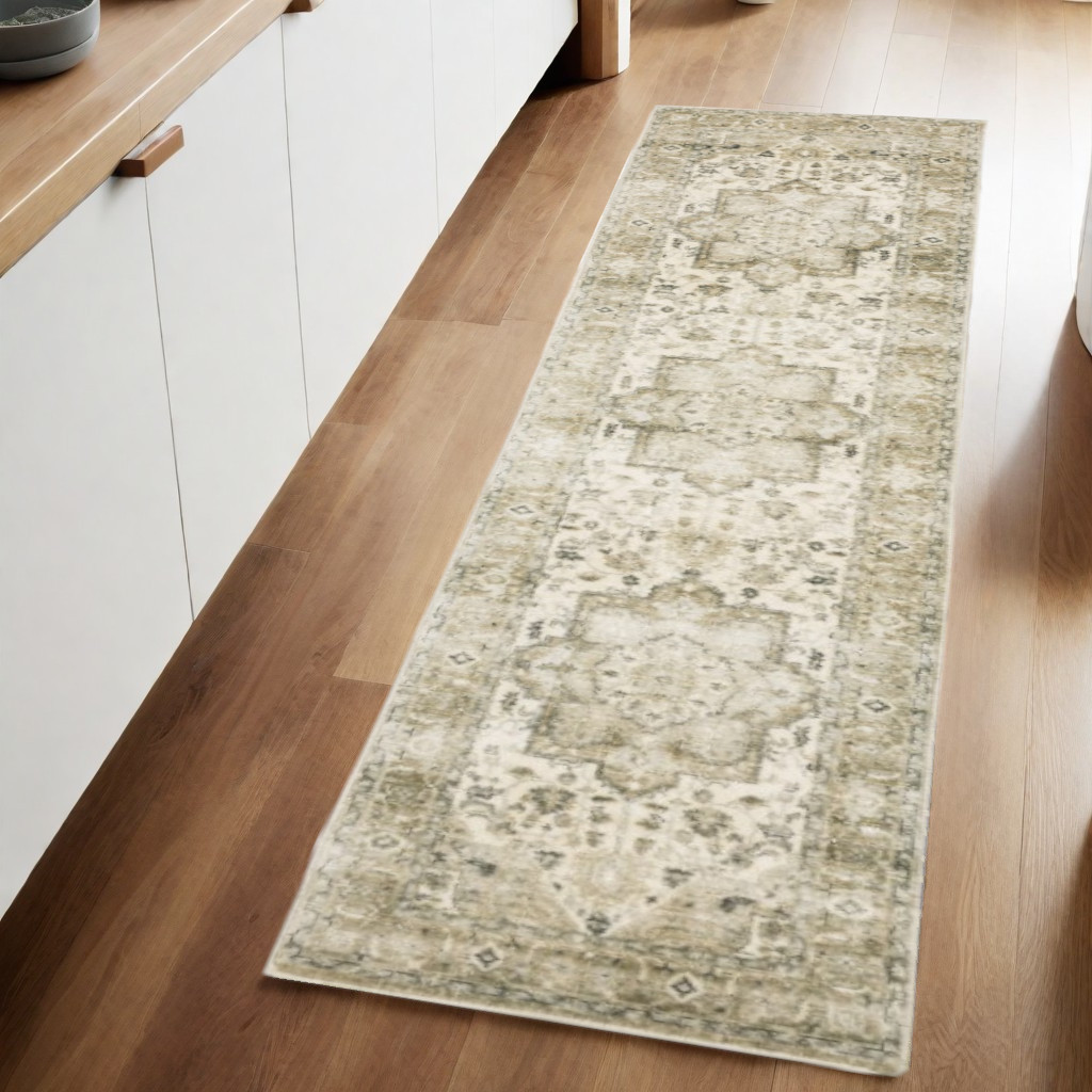 8" Tan and Ivory Oriental Power Loom Runner Rug