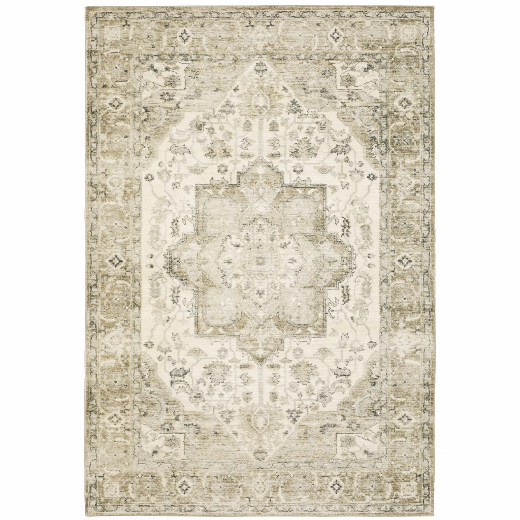 8" X 10" Tan Ivory Grey And Beige Oriental Power Loom Stain Resistant Area Rug