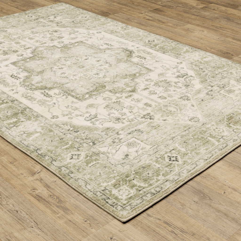 8" X 10" Tan Ivory Grey And Beige Oriental Power Loom Stain Resistant Area Rug