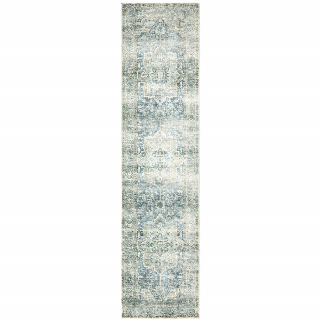 2" X 8" Grey Blue And Ivory Oriental Power Loom Stain Resistant Runner Rug