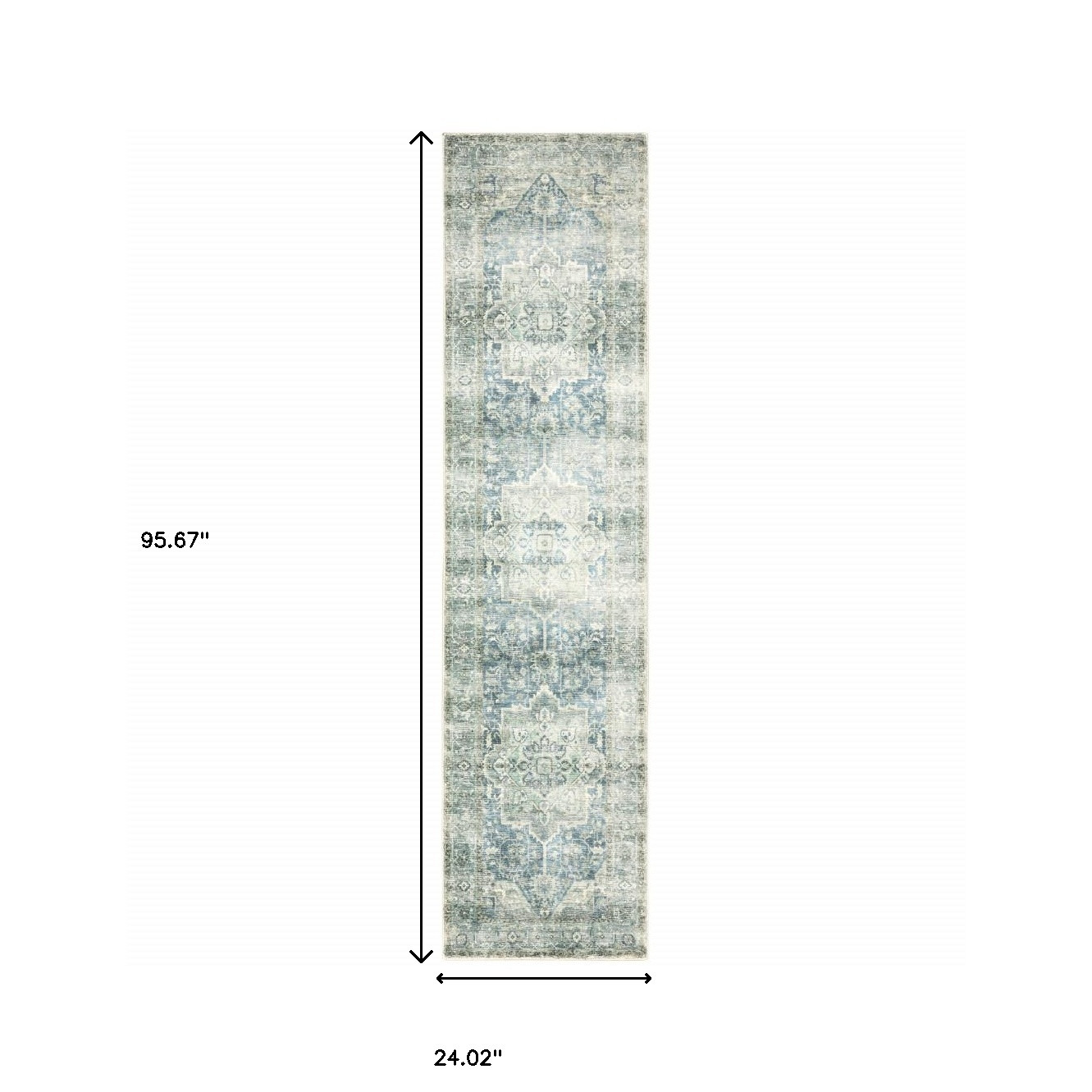 2" X 8" Grey Blue And Ivory Oriental Power Loom Stain Resistant Runner Rug