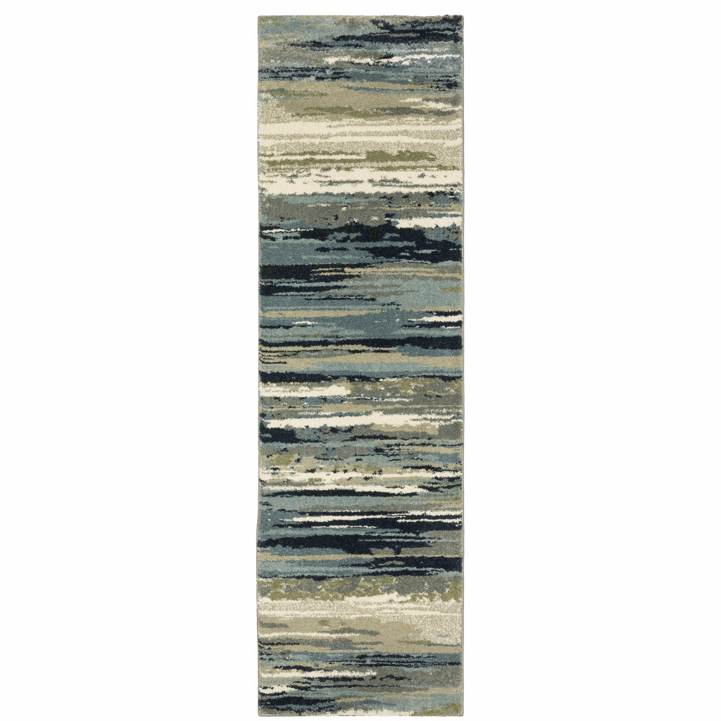 2" X 8" Blue And Green Abstract Power Loom Runner Rug