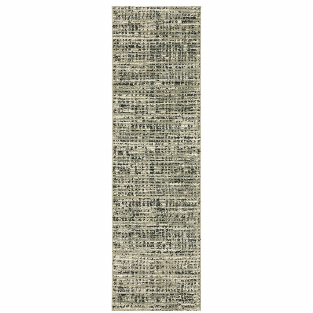 2" X 8" Beige Grey Ivory And Sage Blue Geometric Power Loom Stain Resistant Runner Rug