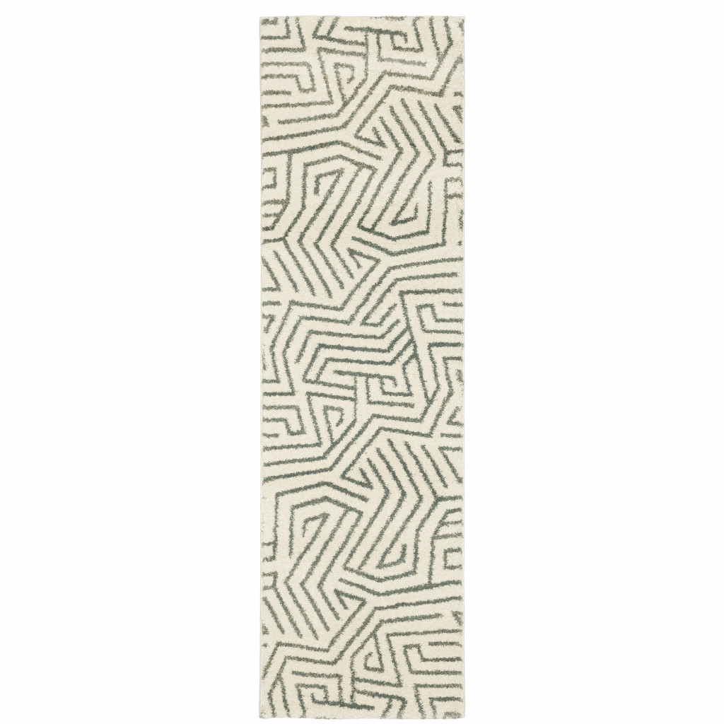 2" X 8" Gray And Ivory Geometric Power Loom Runner Rug