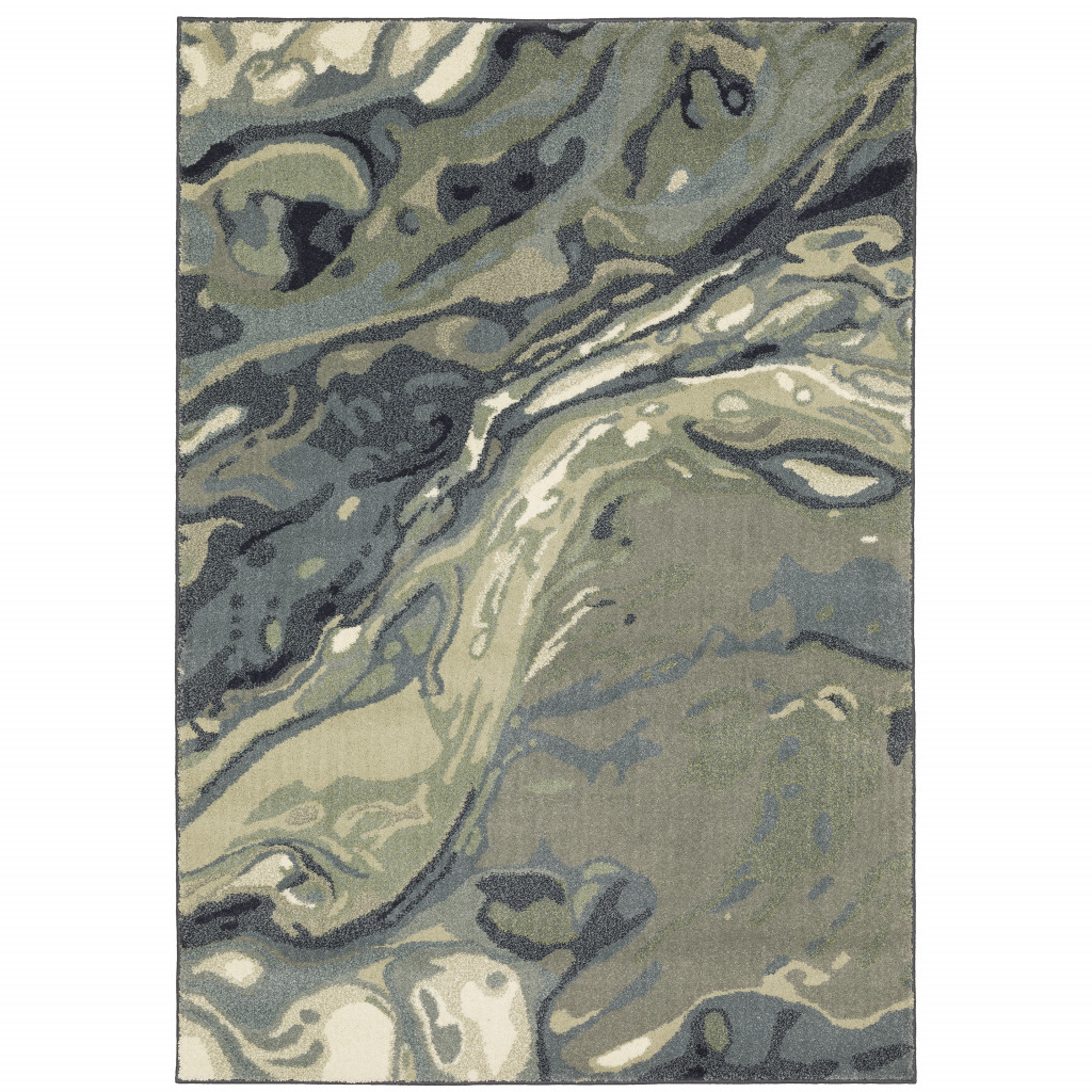 10" X 13" Blue Green And Grey Abstract Power Loom Stain Resistant Area Rug