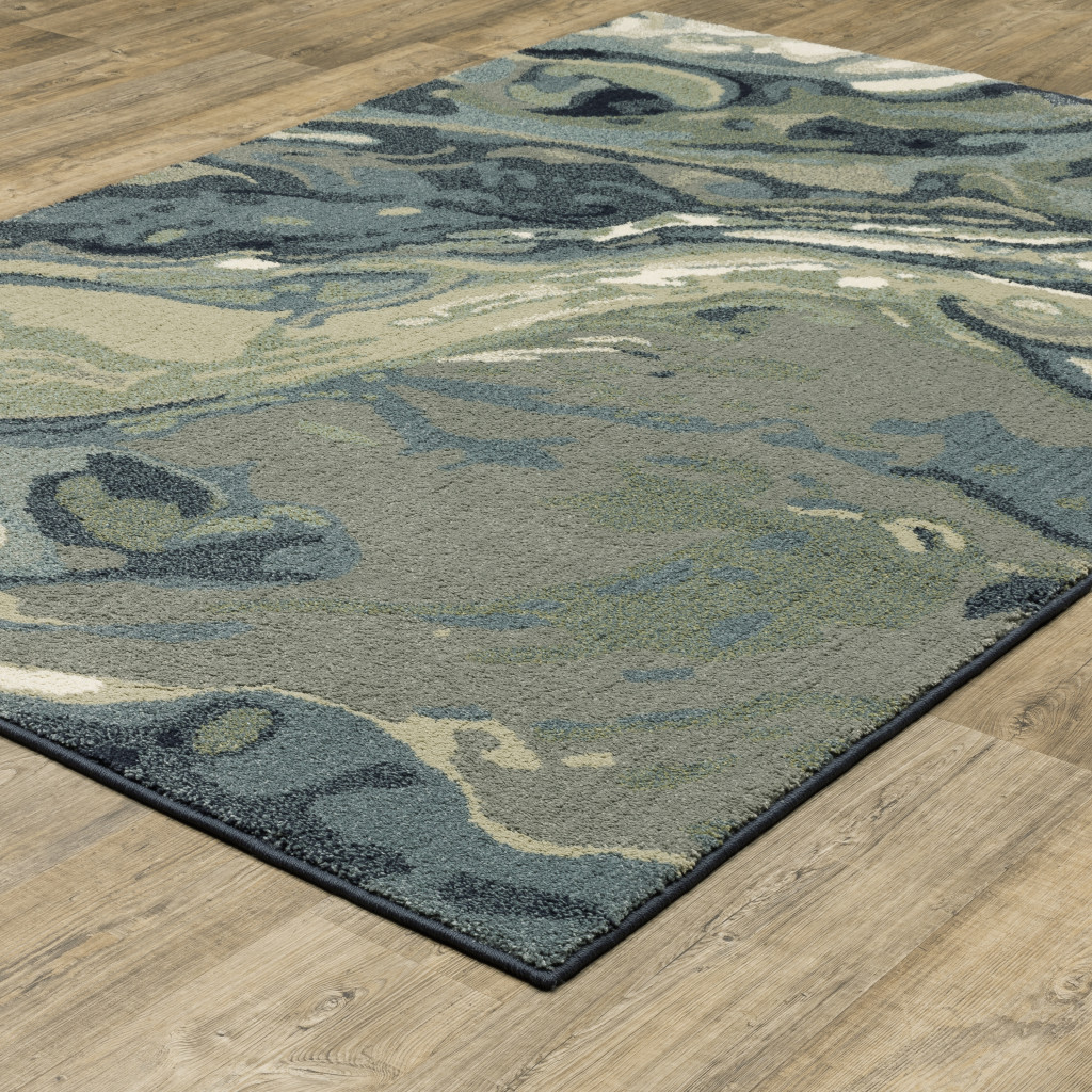 10" X 13" Blue Green And Grey Abstract Power Loom Stain Resistant Area Rug