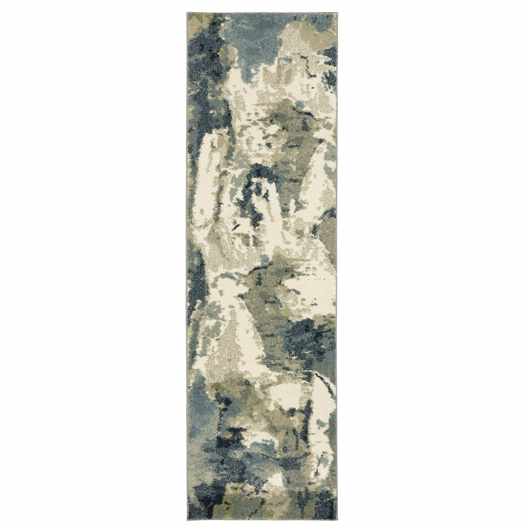 2" X 8" Blue Light Blue Grey Sage Beige And Ivory Abstract Power Loom Stain Resistant Runner Rug