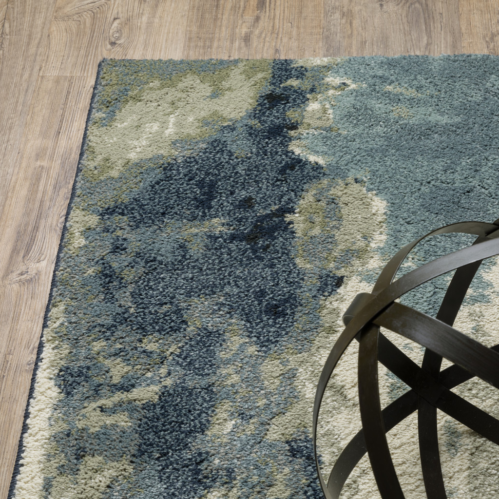 2" X 8" Blue Light Blue Grey Sage Beige And Ivory Abstract Power Loom Stain Resistant Runner Rug