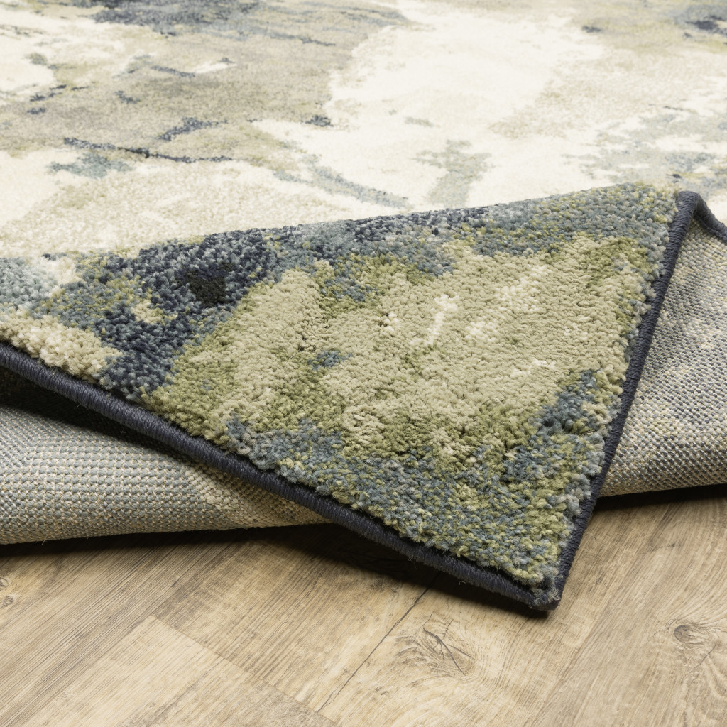 2" X 8" Blue Light Blue Grey Sage Beige And Ivory Abstract Power Loom Stain Resistant Runner Rug
