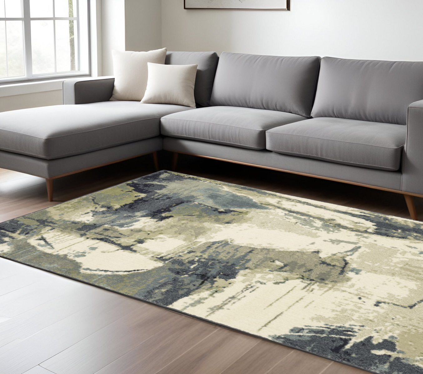 10" X 13" Gray and Ivory Abstract Power Loom Area Rug