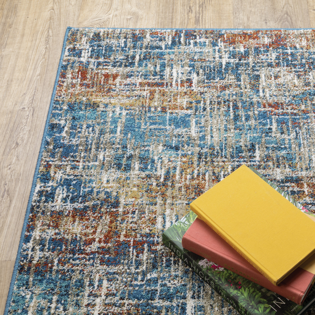 6" X 9" Blue Teal Gold Rust And Beige Abstract Power Loom Stain Resistant Area Rug