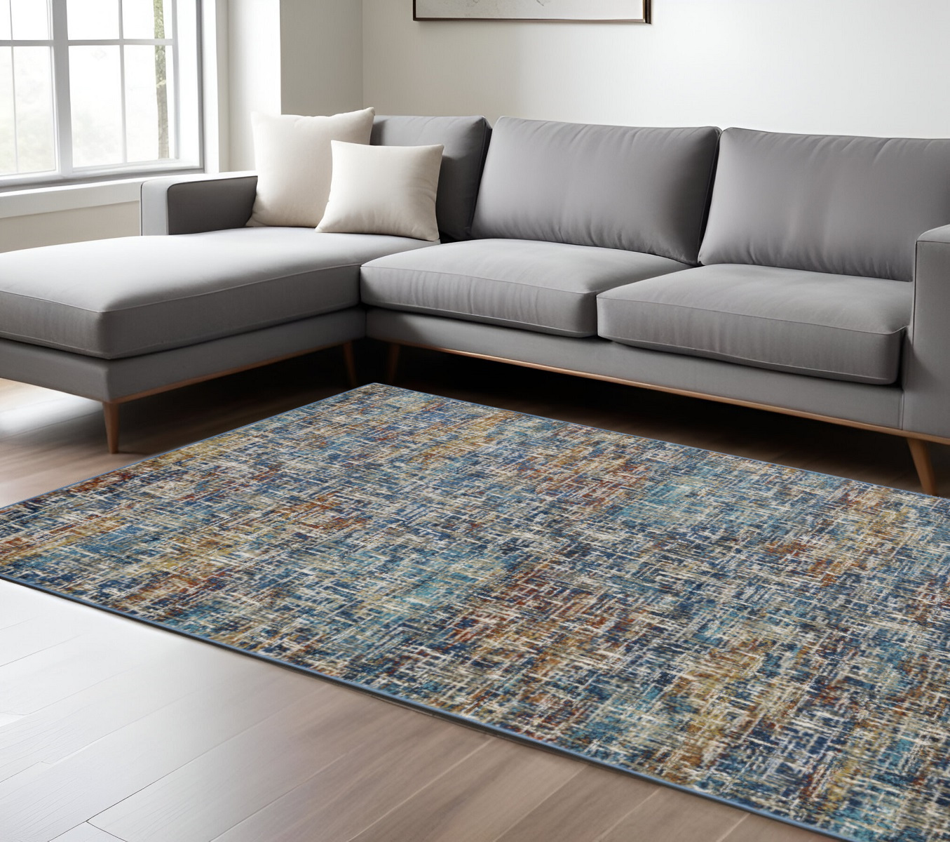 8" X 10" Blue Teal Gold Rust And Beige Abstract Power Loom Stain Resistant Area Rug