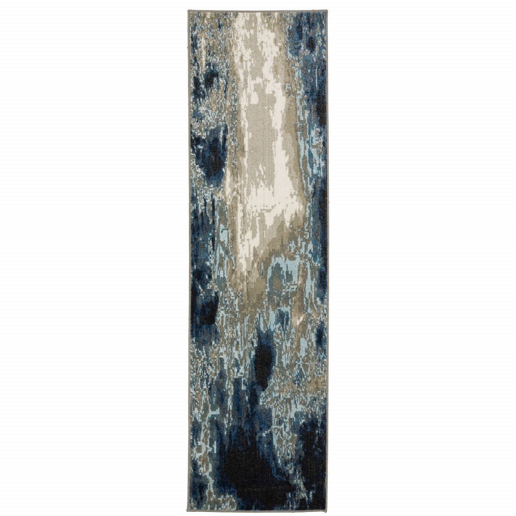 2" X 8" Blue Grey Charcoal And Beige Abstract Power Loom Stain Resistant Runner Rug