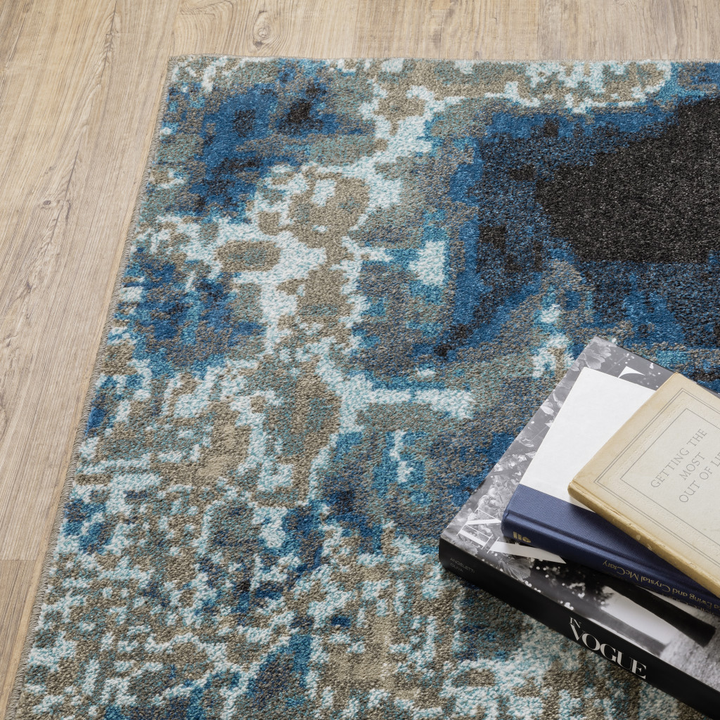 2" X 8" Blue Grey Charcoal And Beige Abstract Power Loom Stain Resistant Runner Rug