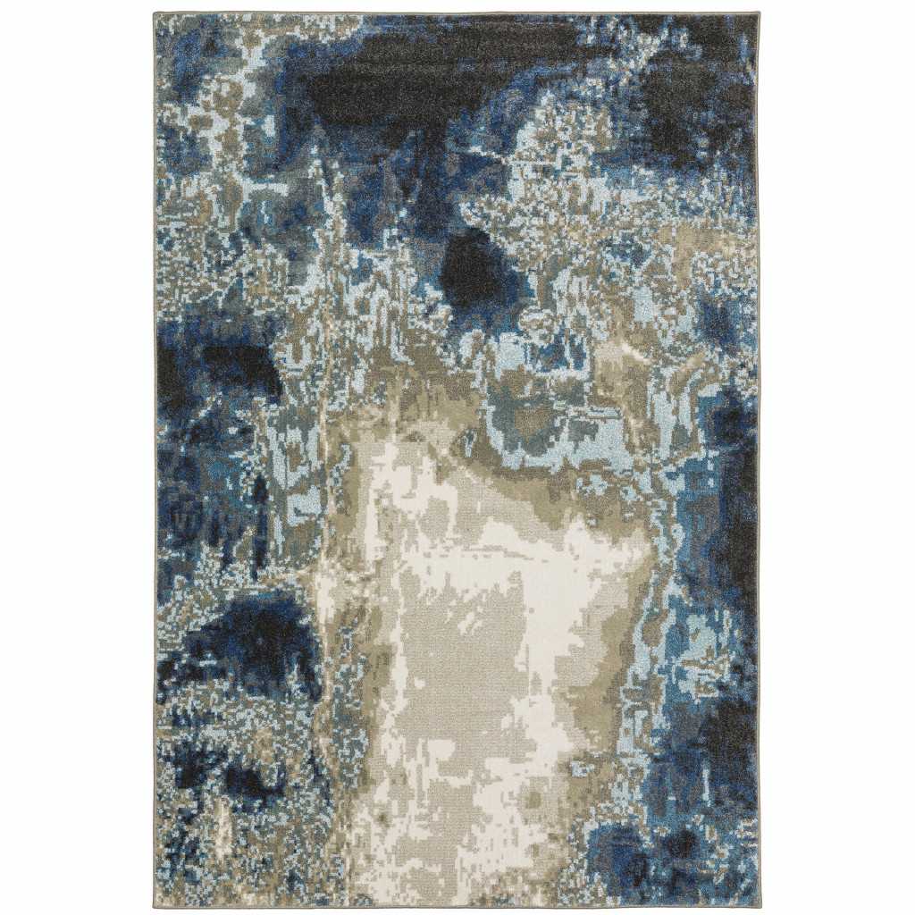 4" X 6" Blue Grey Charcoal And Beige Abstract Power Loom Stain Resistant Area Rug