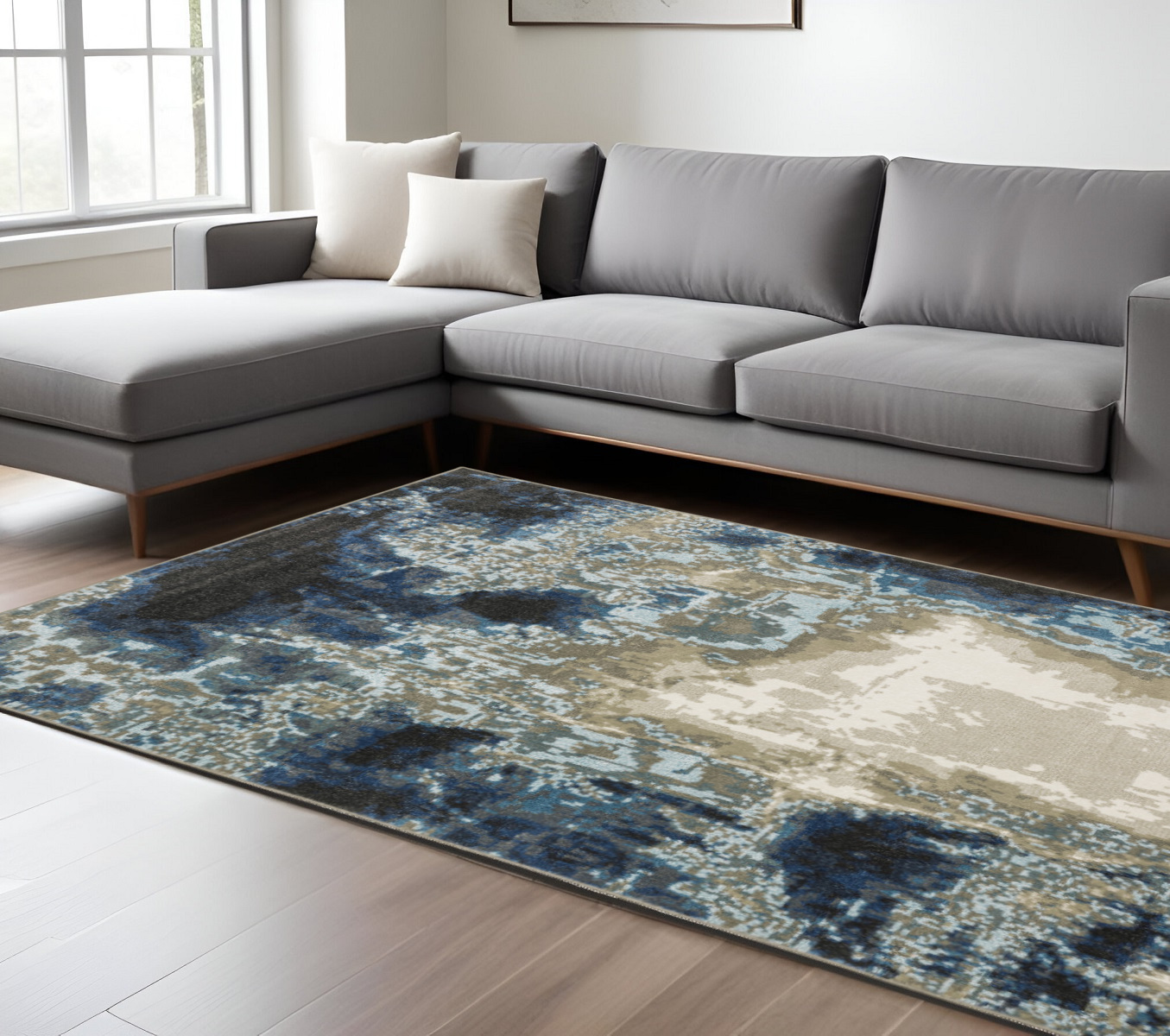 8" X 10" Blue Grey Charcoal And Beige Abstract Power Loom Stain Resistant Area Rug