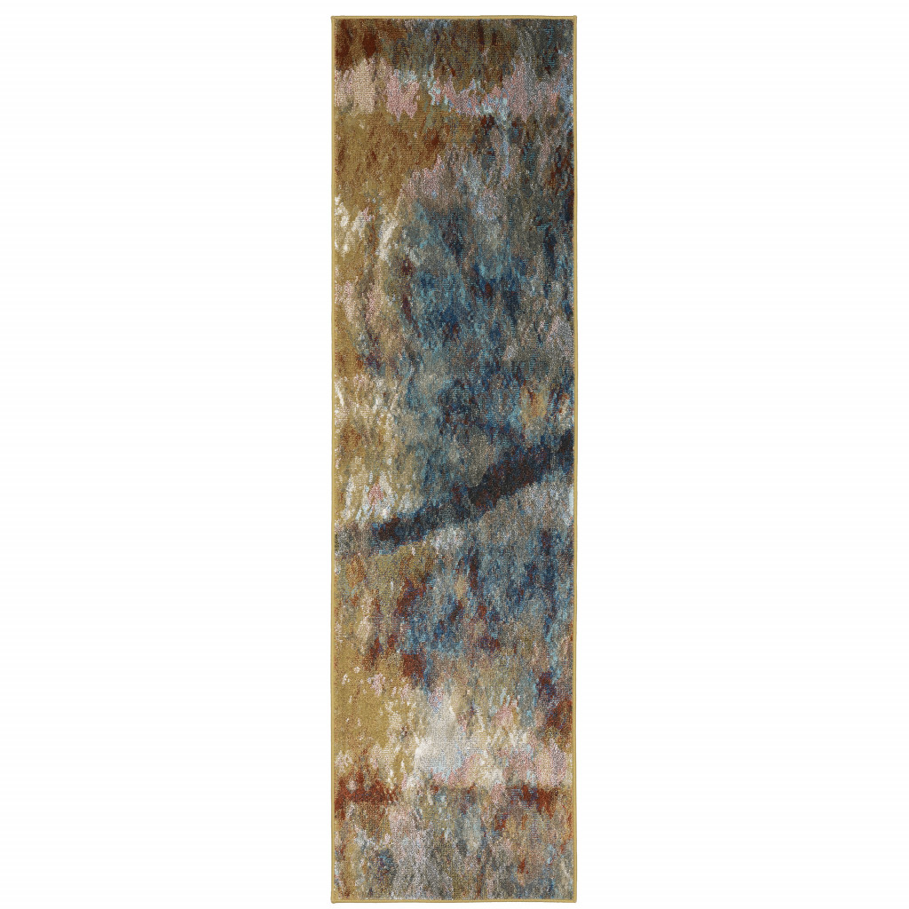 2" X 8" Blue Gold Teal Rust Grey And Beige Abstract Power Loom Stain Resistant Runner Rug
