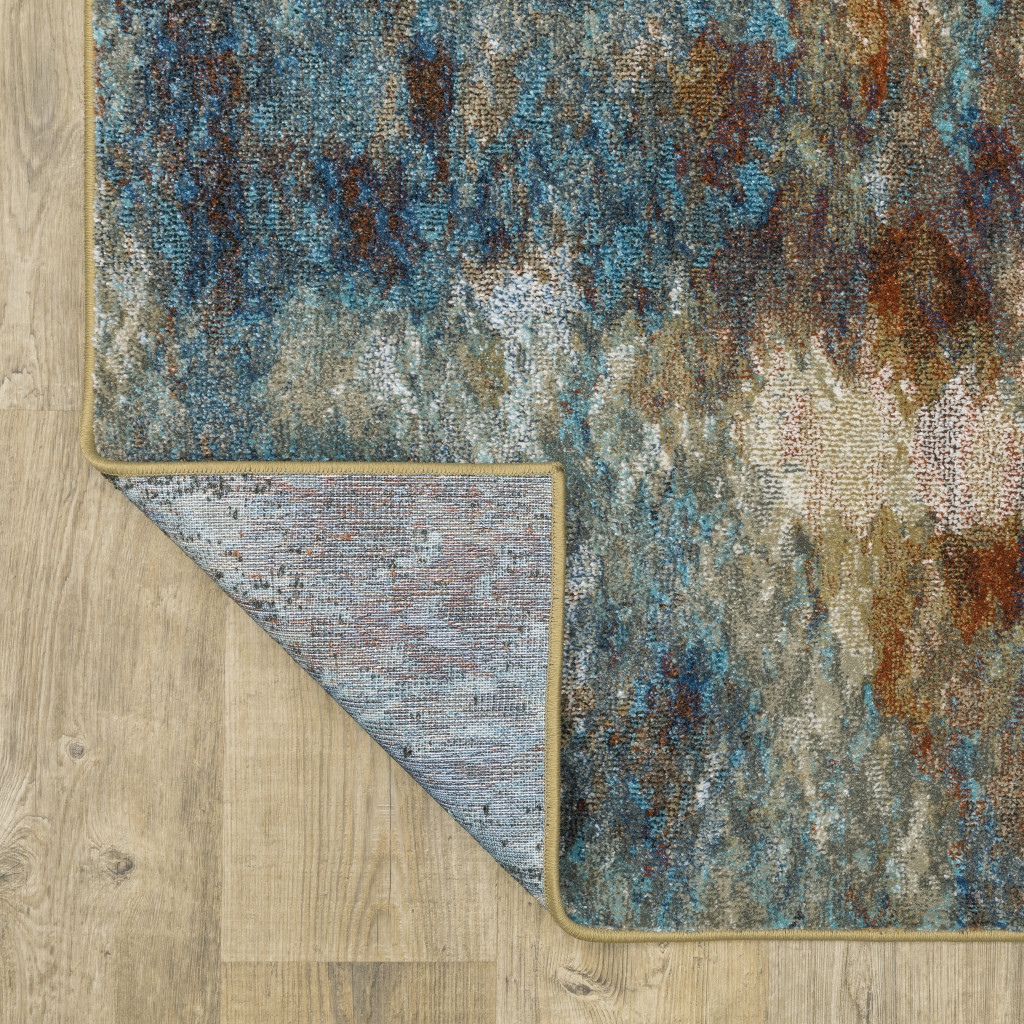 2" X 8" Blue Gold Teal Rust Grey And Beige Abstract Power Loom Stain Resistant Runner Rug