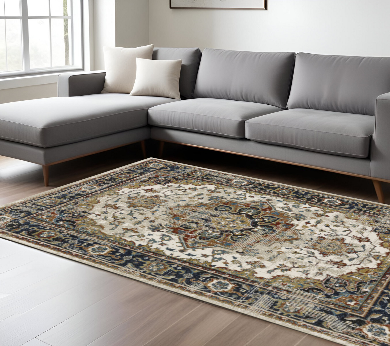 7' X 9' Beige And Blue Oriental Distressed Area Rug-509857-1