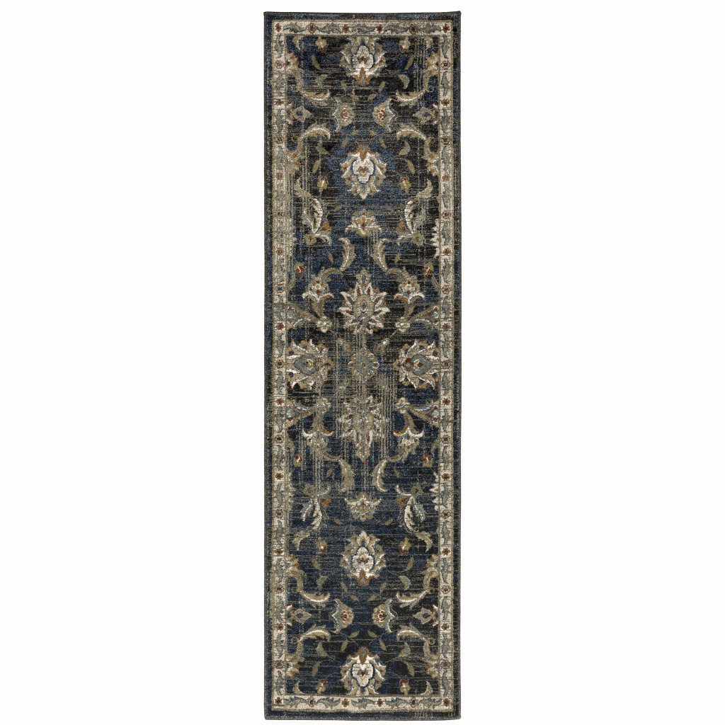 2" X 8" Charcoal Blue Gold Rust And Beige Oriental Power Loom Stain Resistant Runner Rug