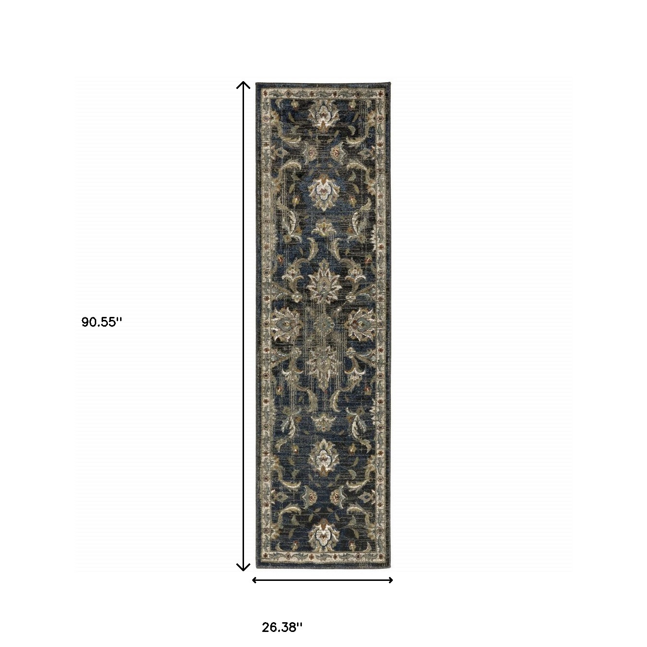 2" X 8" Charcoal Blue Gold Rust And Beige Oriental Power Loom Stain Resistant Runner Rug