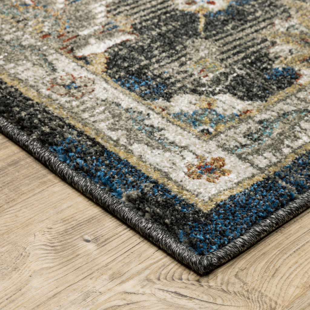 2" X 8" Charcoal Blue Gold Rust And Beige Oriental Power Loom Stain Resistant Runner Rug