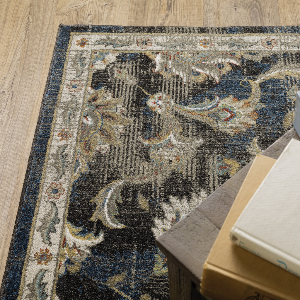 2" X 8" Charcoal Blue Gold Rust And Beige Oriental Power Loom Stain Resistant Runner Rug