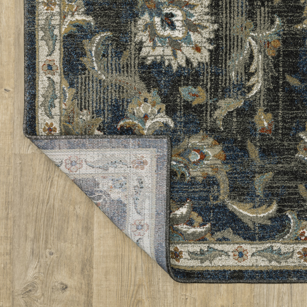 2" X 8" Charcoal Blue Gold Rust And Beige Oriental Power Loom Stain Resistant Runner Rug