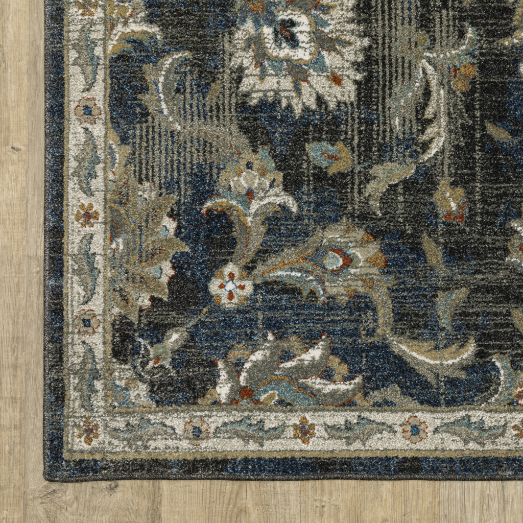 2" X 8" Charcoal Blue Gold Rust And Beige Oriental Power Loom Stain Resistant Runner Rug