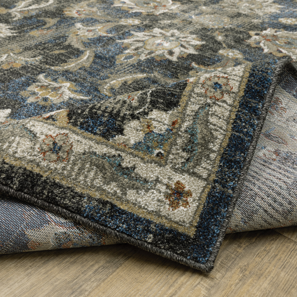 2" X 8" Charcoal Blue Gold Rust And Beige Oriental Power Loom Stain Resistant Runner Rug
