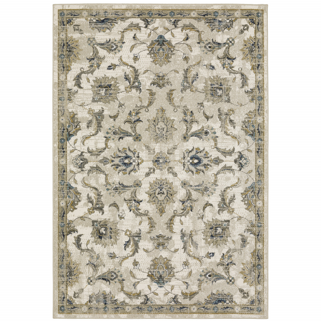 8" X 10" Beige Gold Blue And Grey Oriental Power Loom Stain Resistant Area Rug