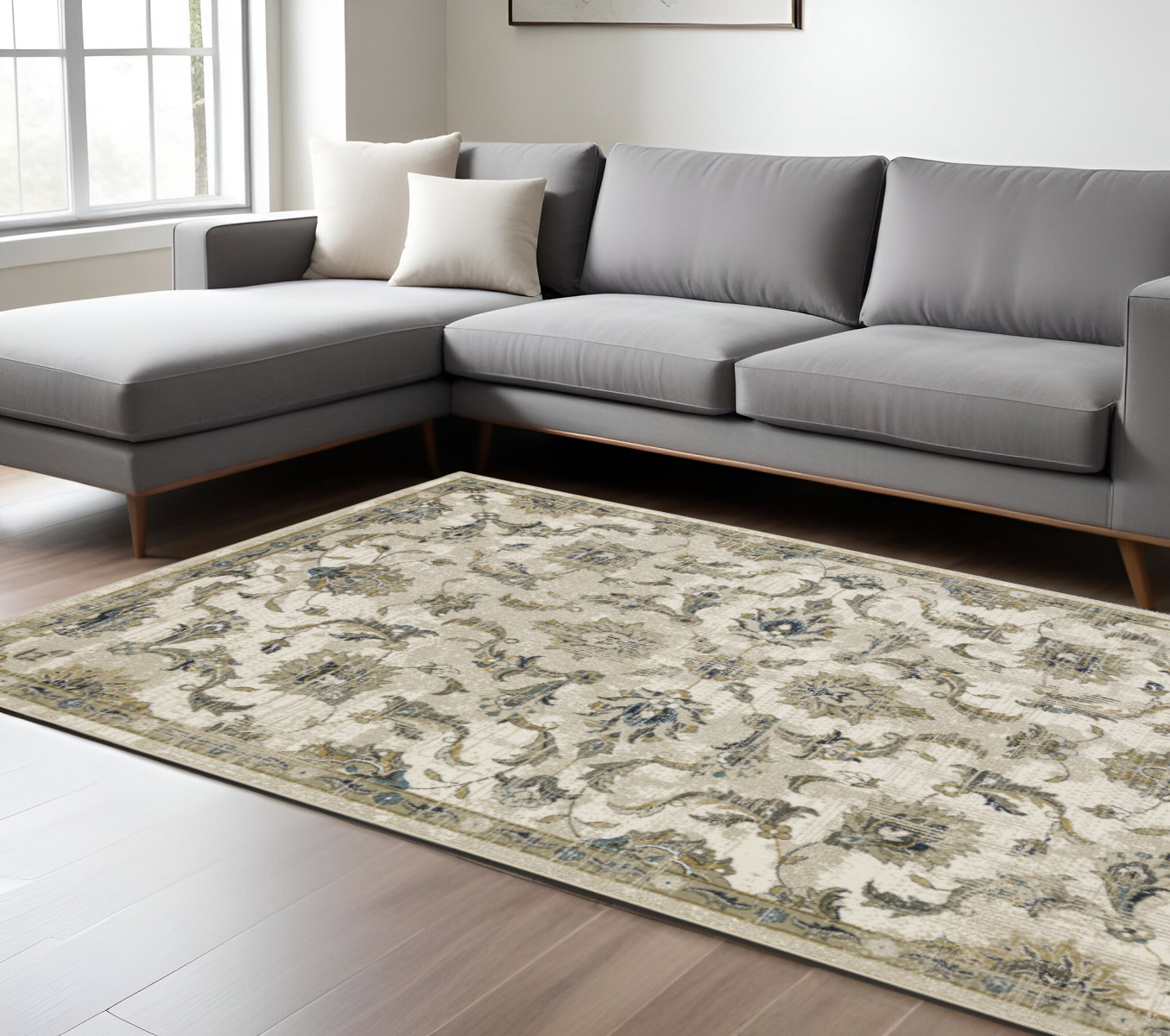 8" X 10" Beige Gold Blue And Grey Oriental Power Loom Stain Resistant Area Rug