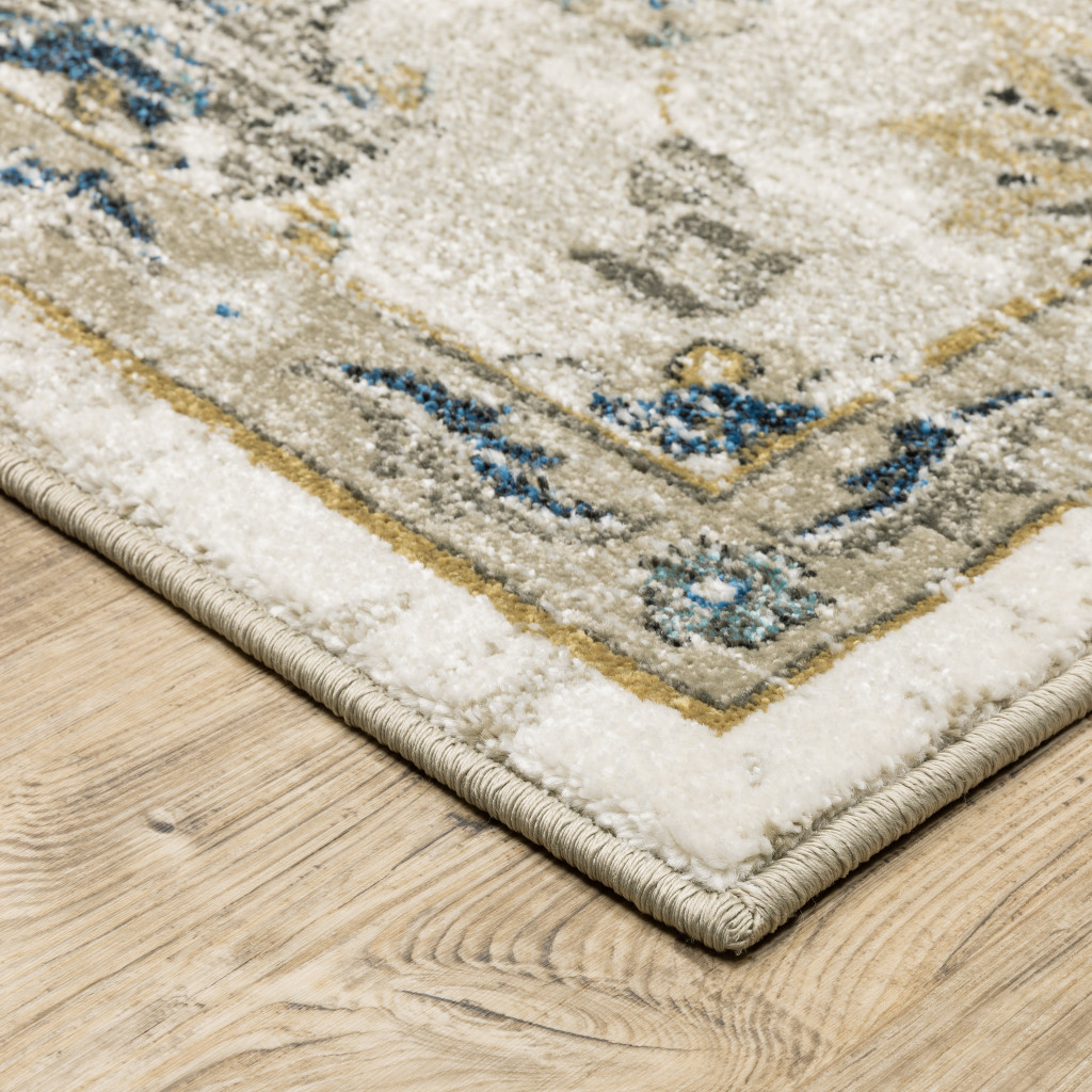 8" X 10" Beige Gold Blue And Grey Oriental Power Loom Stain Resistant Area Rug