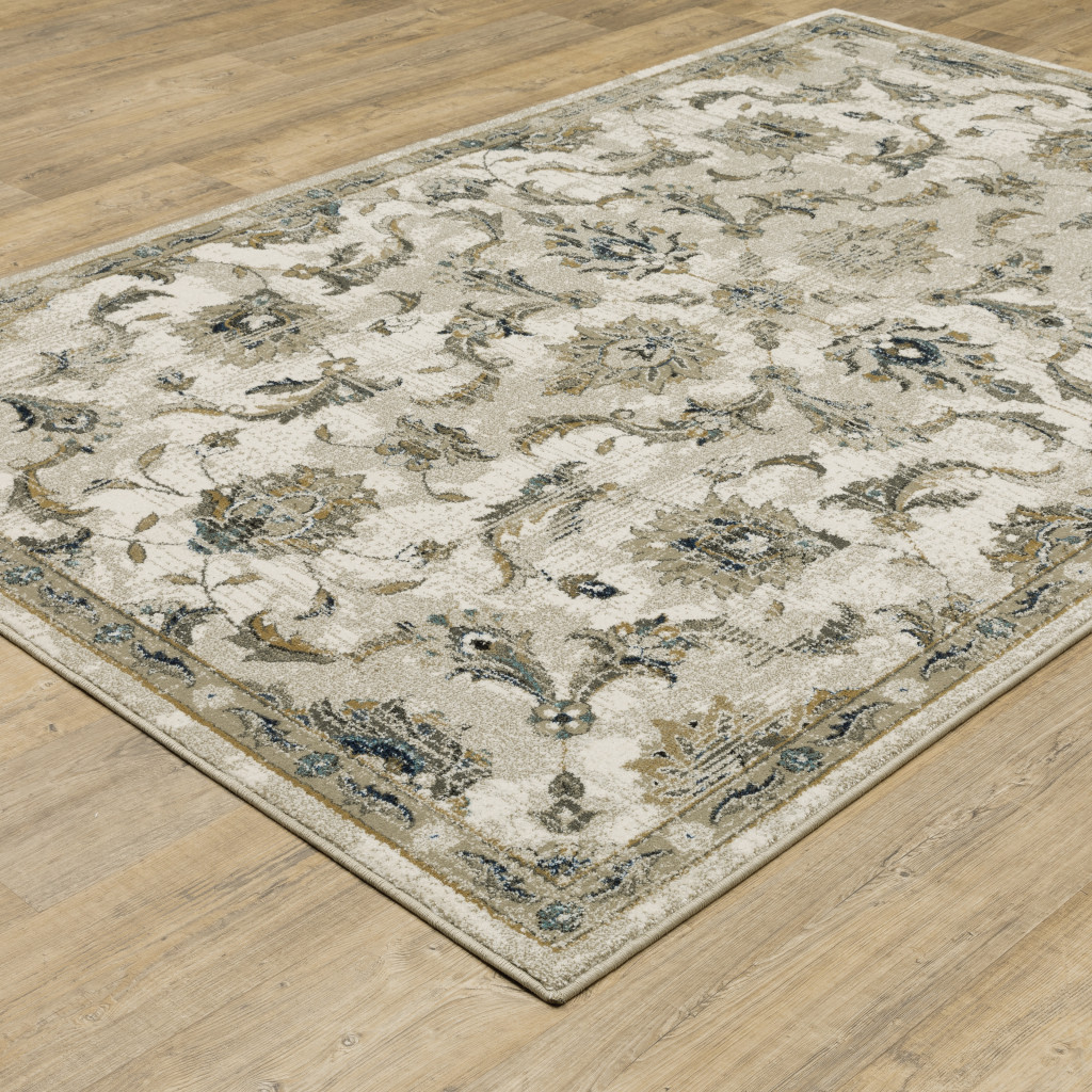 8" X 10" Beige Gold Blue And Grey Oriental Power Loom Stain Resistant Area Rug
