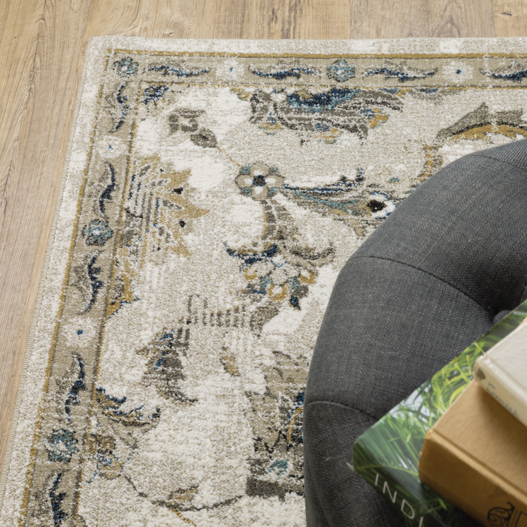 8" X 10" Beige Gold Blue And Grey Oriental Power Loom Stain Resistant Area Rug
