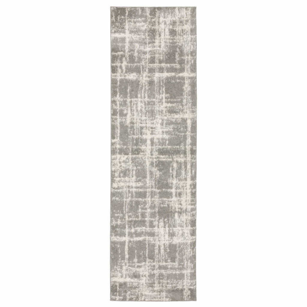 2" X 8" Grey And Ivory Abstract Shag Power Loom Stain Resistant Runner Rug