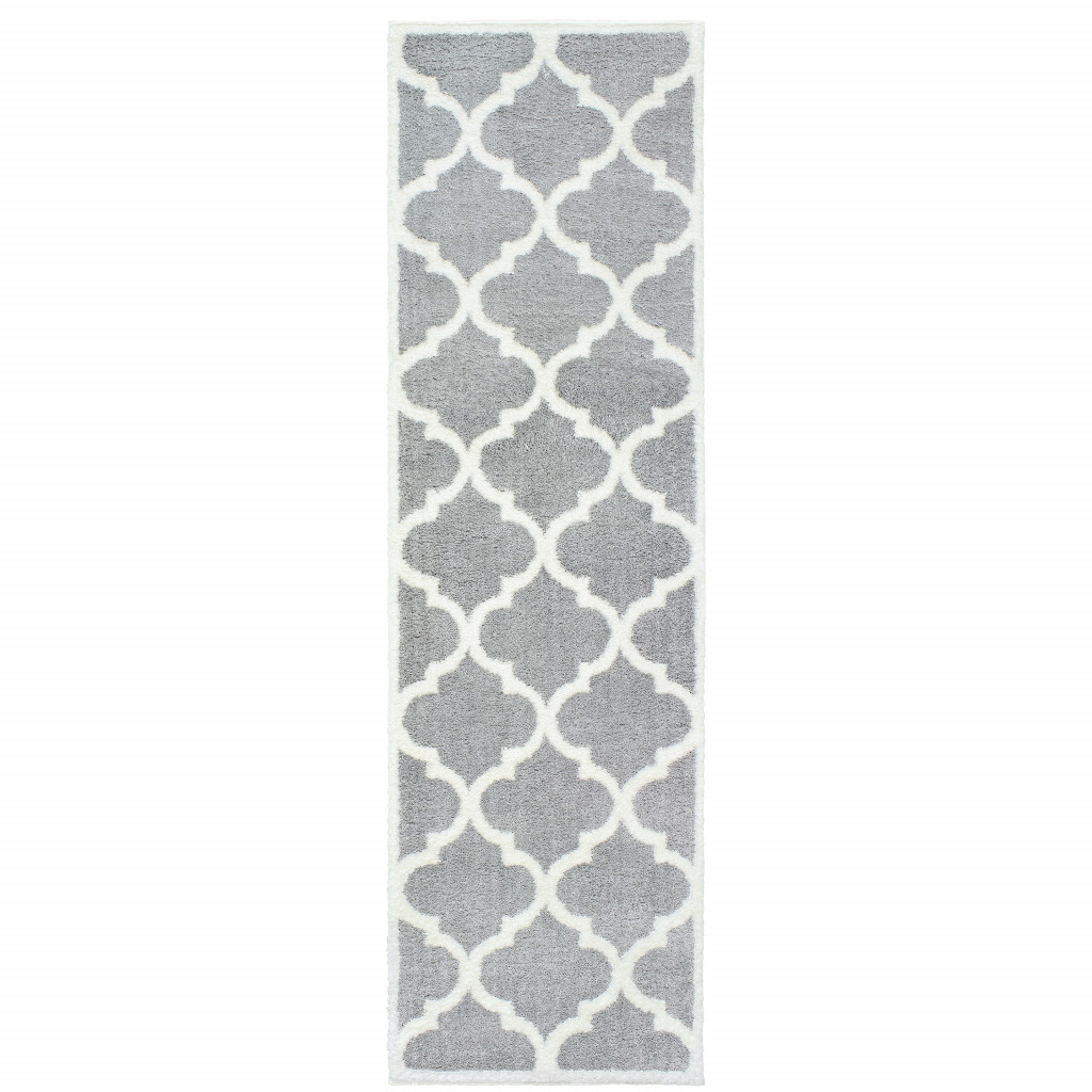 2" X 8" Grey And Ivory Geometric Shag Power Loom Stain Resistant Runner Rug