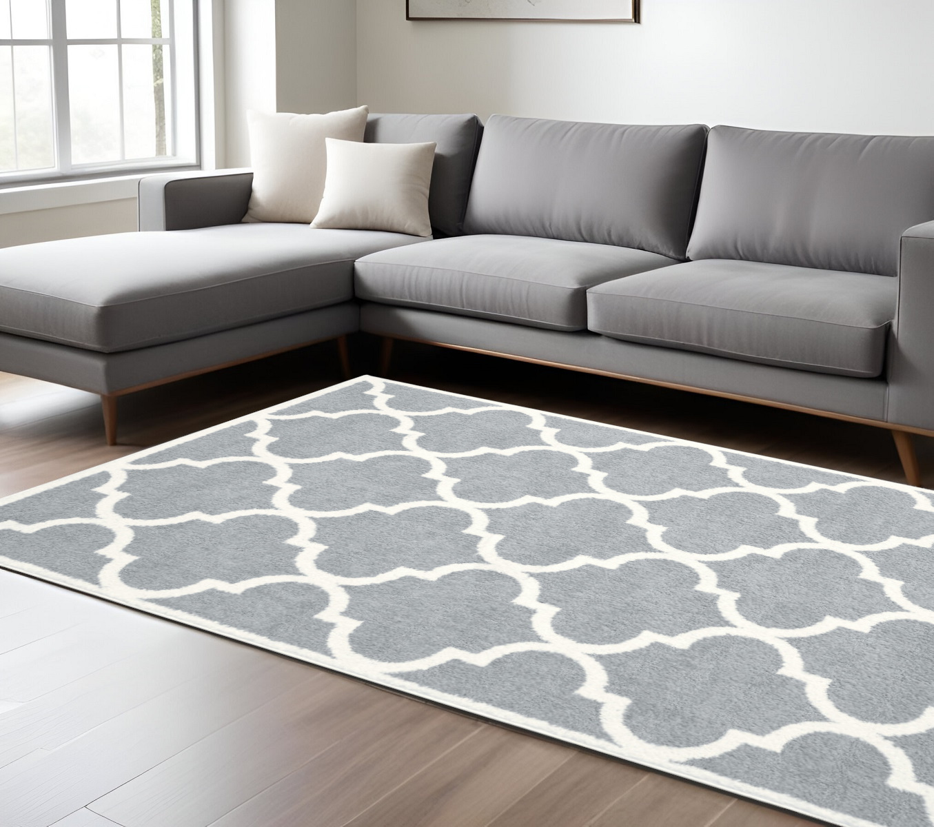 8" X 11" Grey And Ivory Geometric Shag Power Loom Stain Resistant Area Rug
