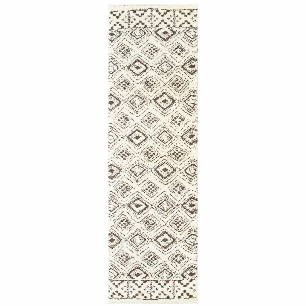 2" X 8" Ivory And Brown Geometric Shag Power Loom Stain Resistant Runner Rug
